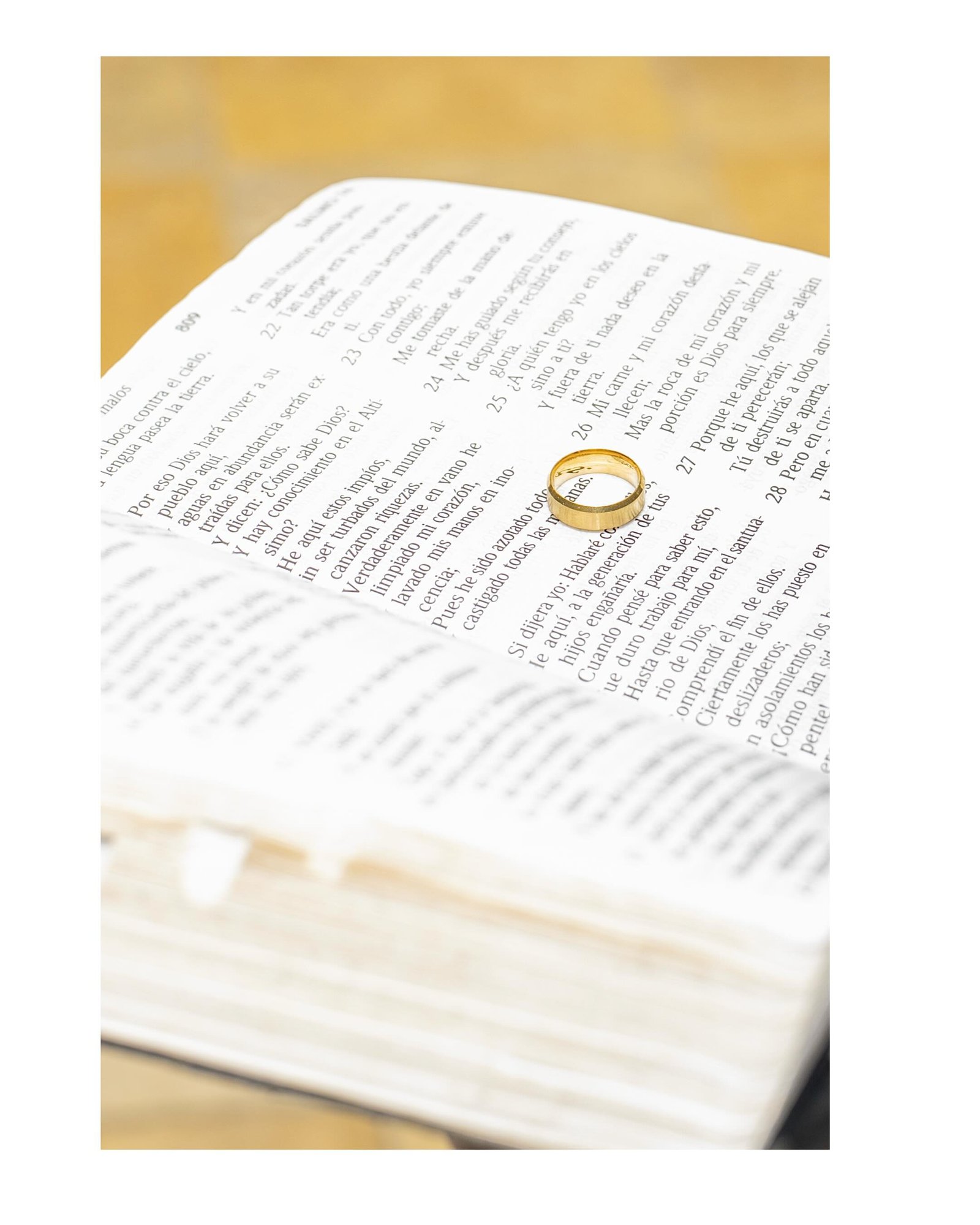 Wedding ring resting on the pages of a Bible